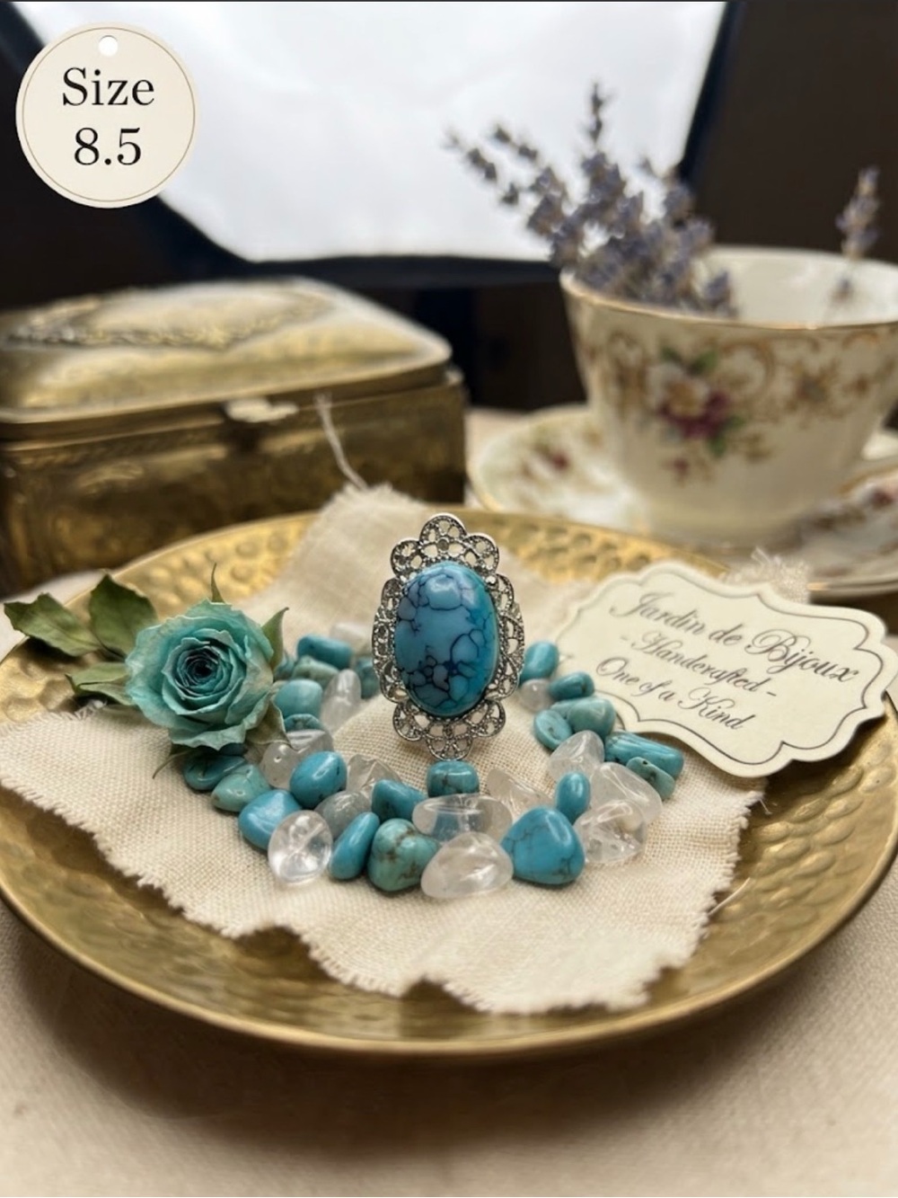 Turquoise Blue Oval Statement Ring - Size 8.5